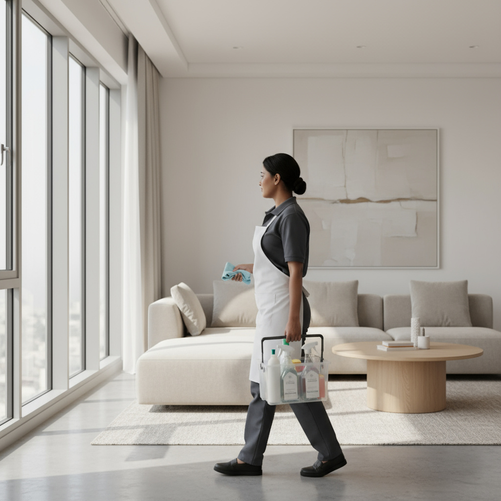 Professional cleaner in a modern Doha apartment